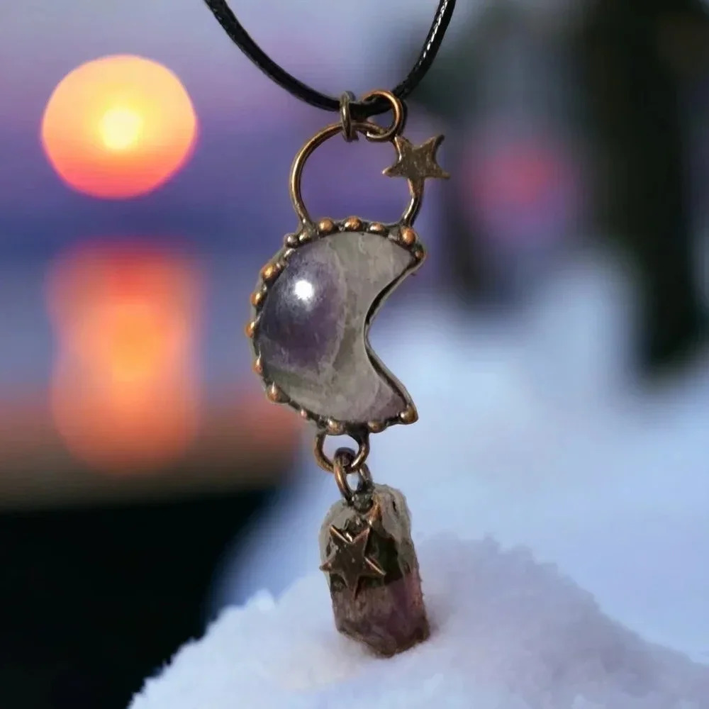 Mystical Genuine Amethyst Moon Pendant - Handcrafted Boho Copper Necklace